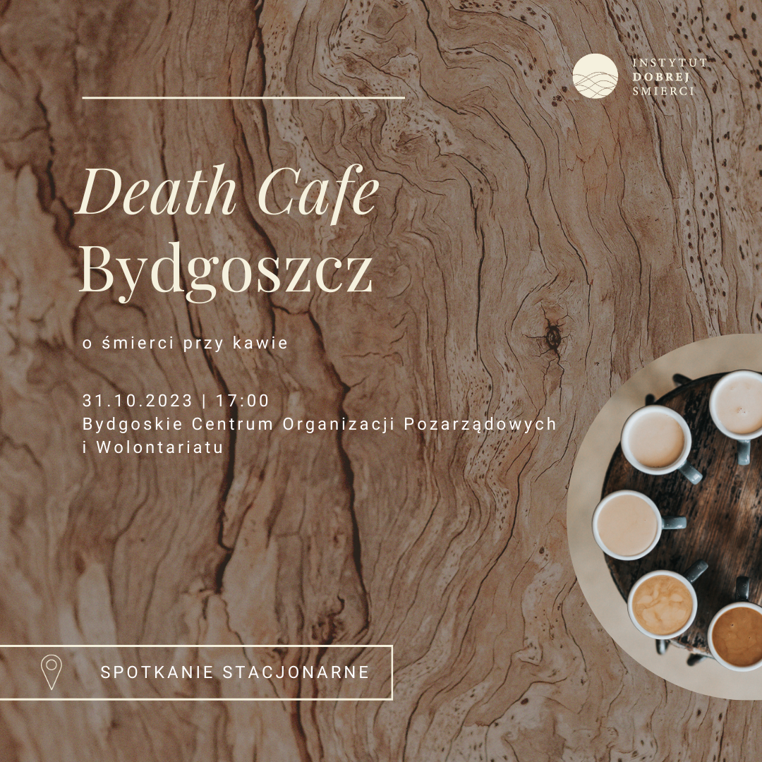 Grafika przedstawia krąg z filiżanek z kawą na drewnianym tle.