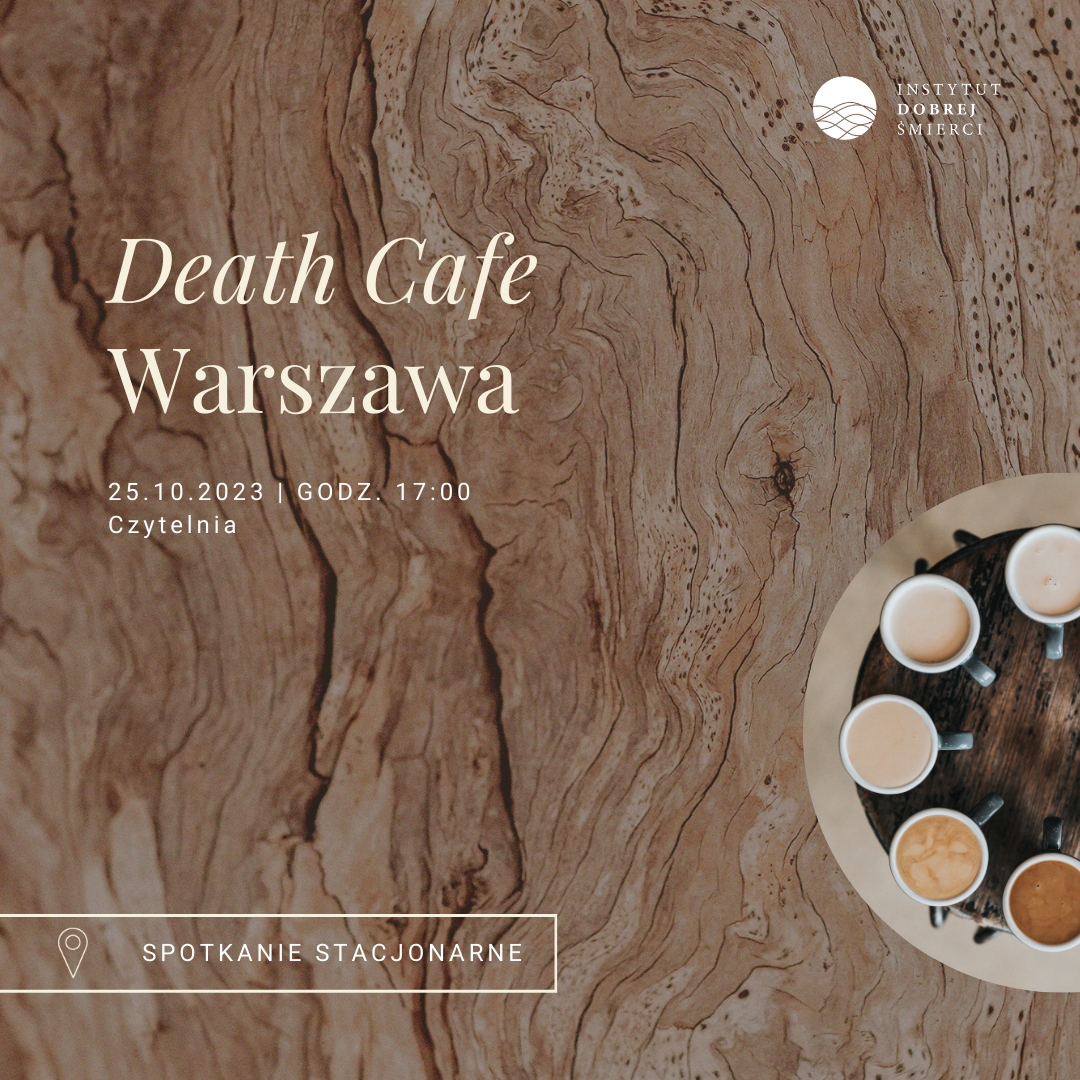 Grafika przedstawia krąg ułożony z filiżanek kawy na drewnianym tle.