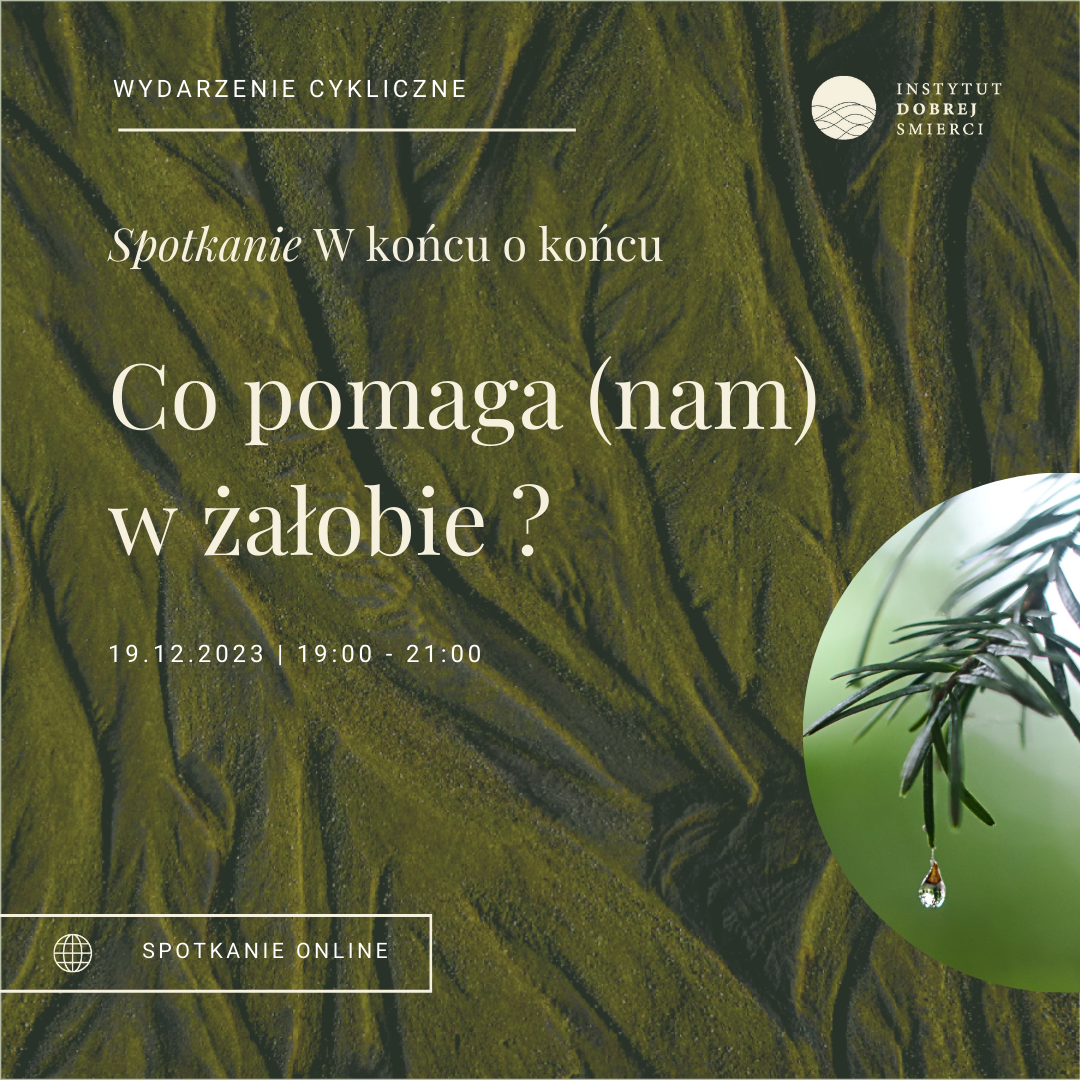 Grafika przedstawia gałązkę iglastego drzewa z kroplą.