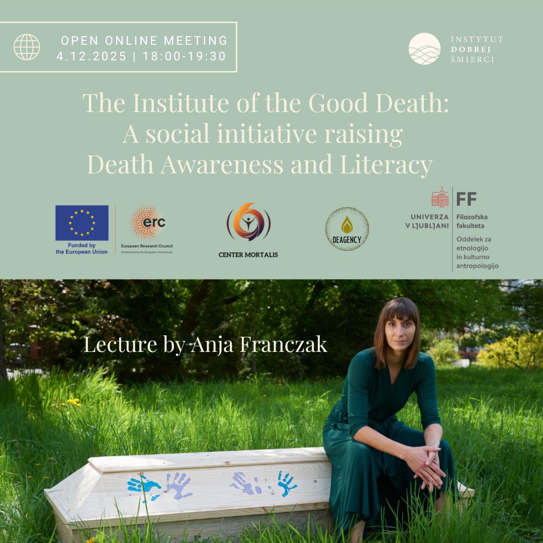 Napisy na zielonym tle, zdjęcie, na którym kobieta siedzi na trumnie