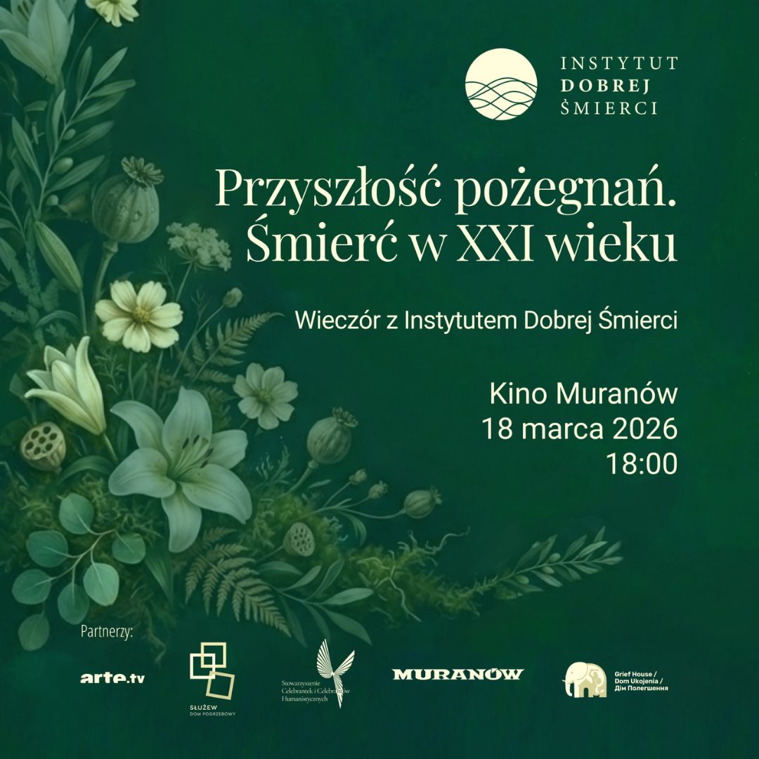 Kwiaty na zielonym tle, napisy i logotypy