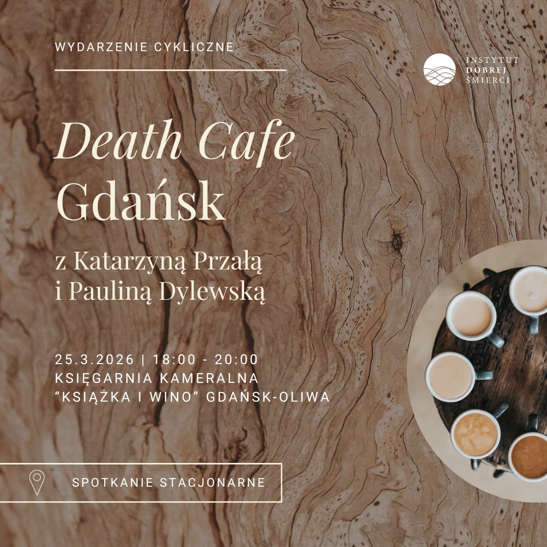 Brązowe tło i krąg filiżanek oraz kremowe napisy