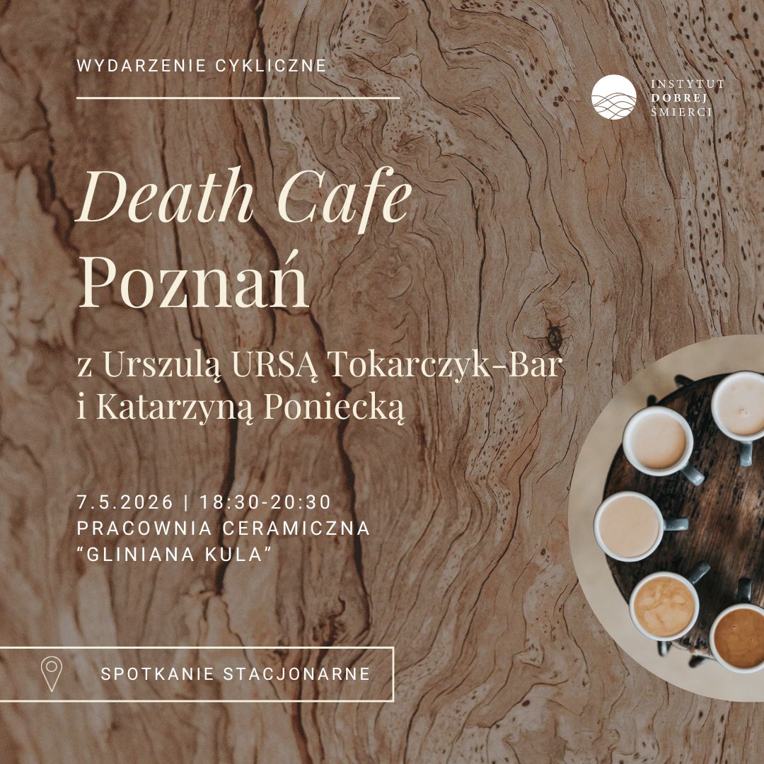 krąg filiżanek na brązowym tle z kremowymi napisami