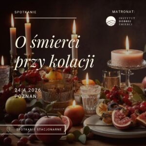 Grafika przedstawia płonącą na stole świecę i owoce. Znajdują się na niej również napisy.