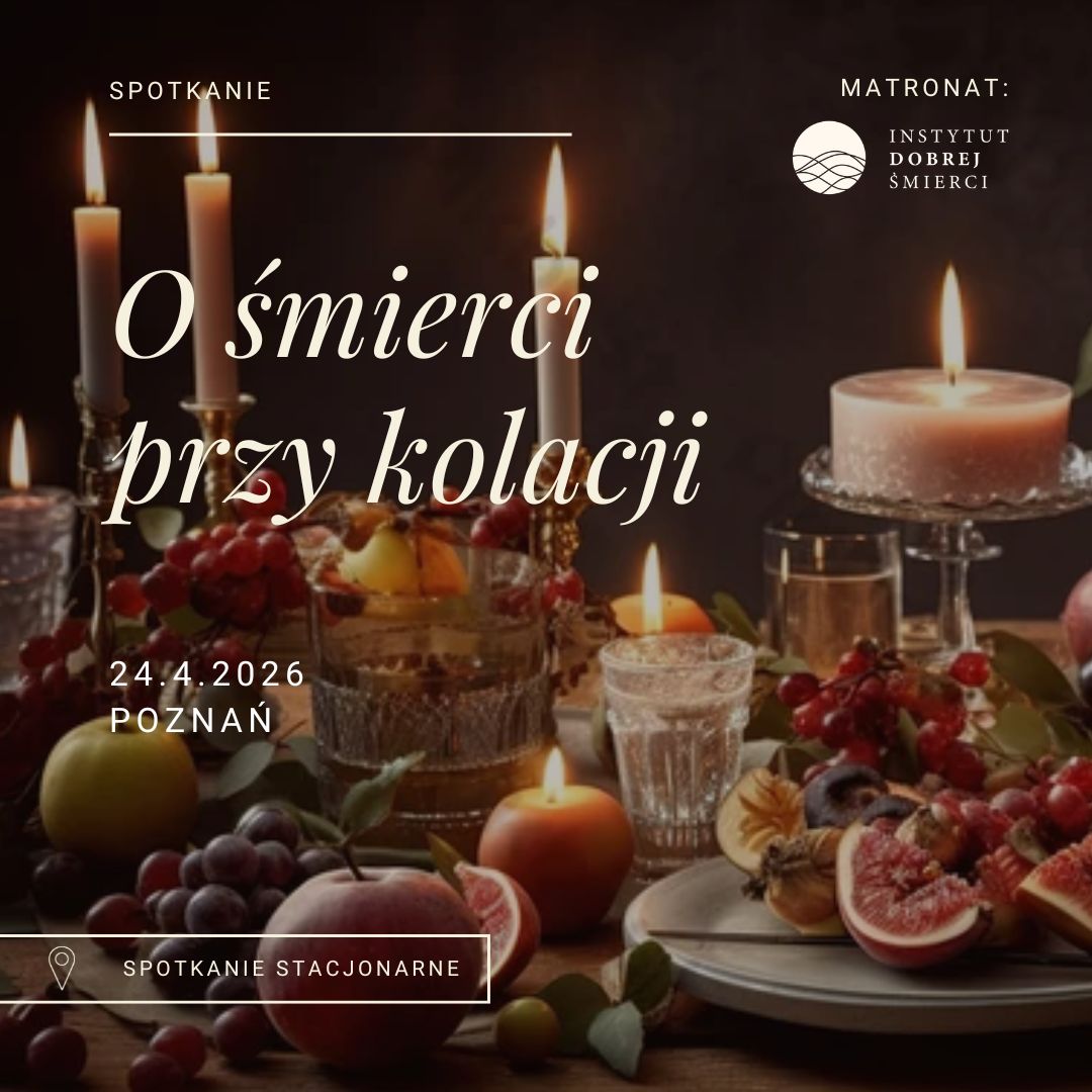 Grafika przedstawia płonącą na stole świecę i owoce. Znajdują się na niej również napisy.