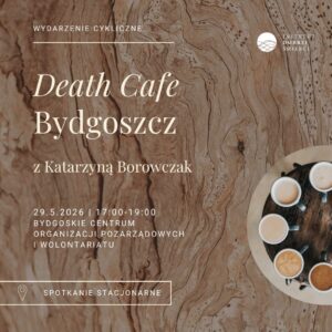 Brązowe tło i krąg filiżanek oraz kremowe napisy