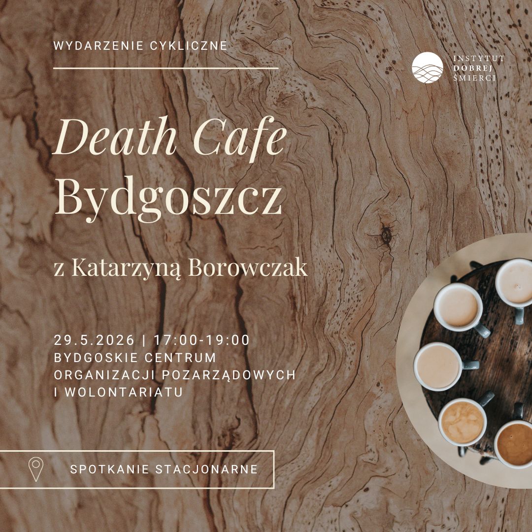 Brązowe tło i krąg filiżanek oraz kremowe napisy