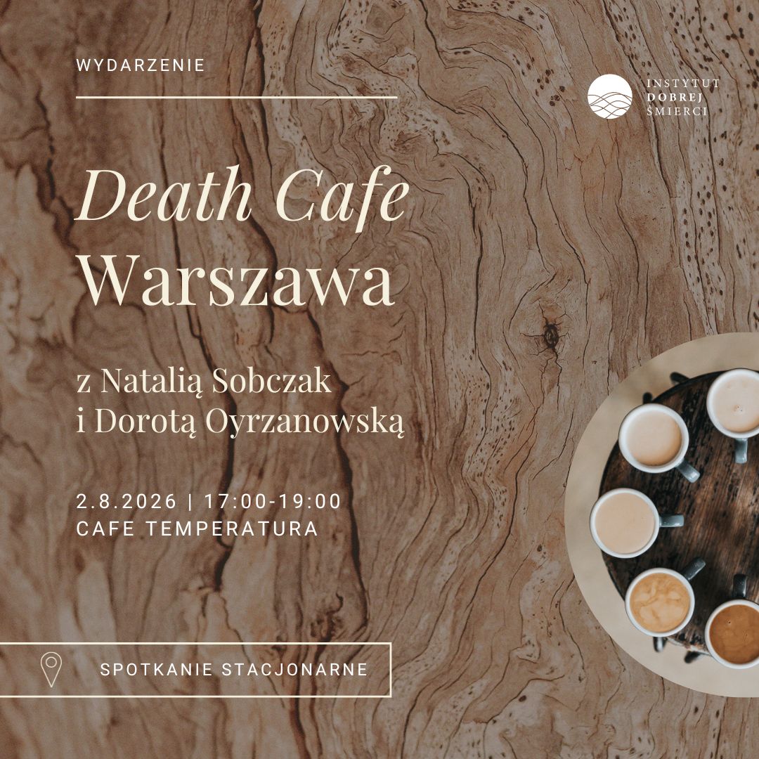 Brązowe tło i krąg filiżanek oraz kremowe napisy