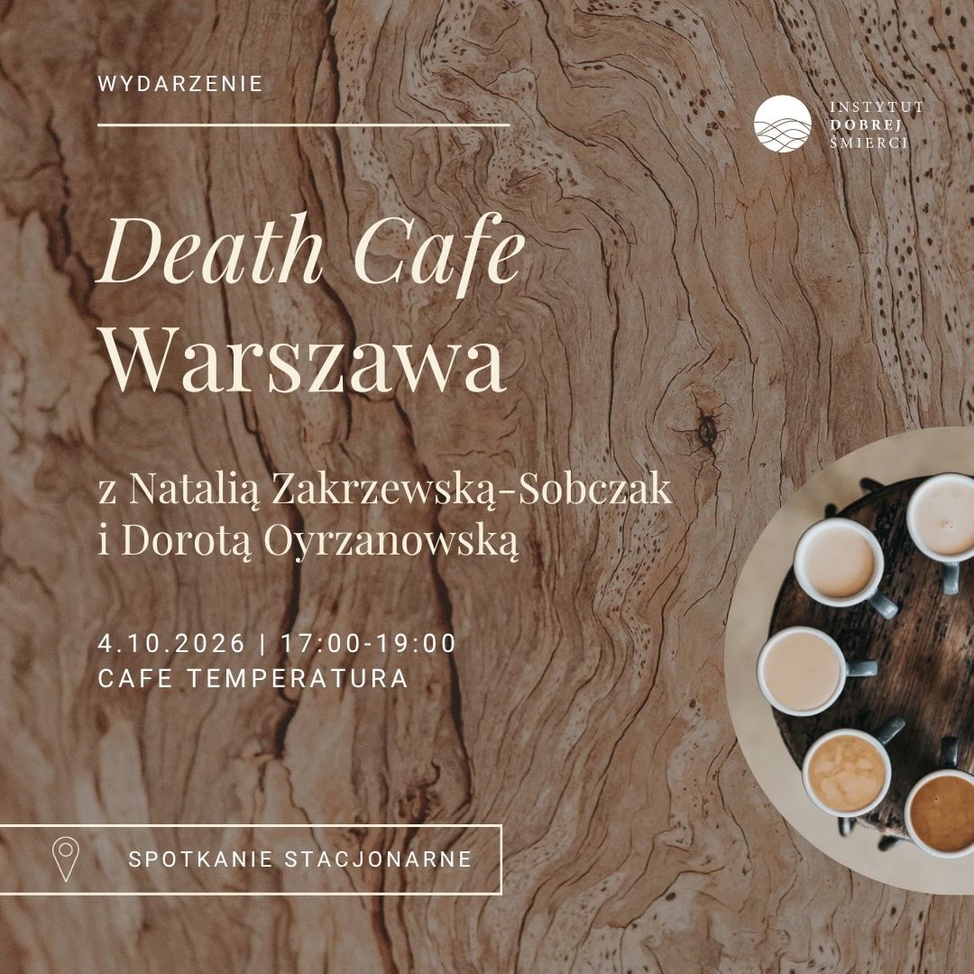 Brązowe tło i krąg filiżanek oraz kremowe napisy